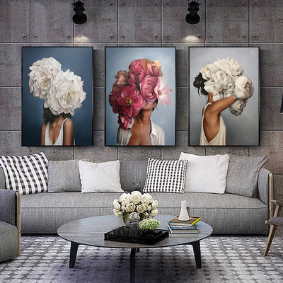 Flowers Feathers Woman Abstract Canvas Painting